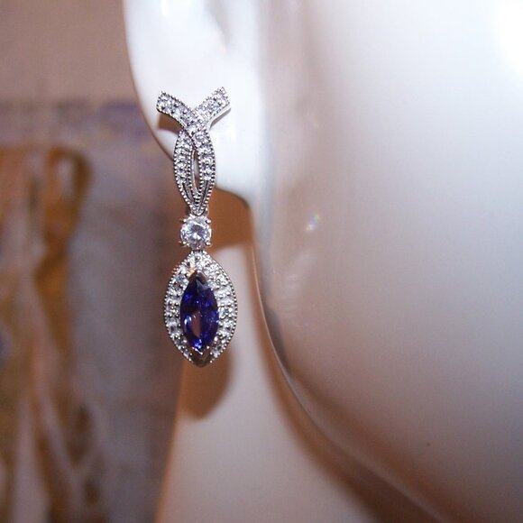 Sterling Silver Cubic Zirconia Dangle Earrings - Posts with Nuts - Picture 4 of 8